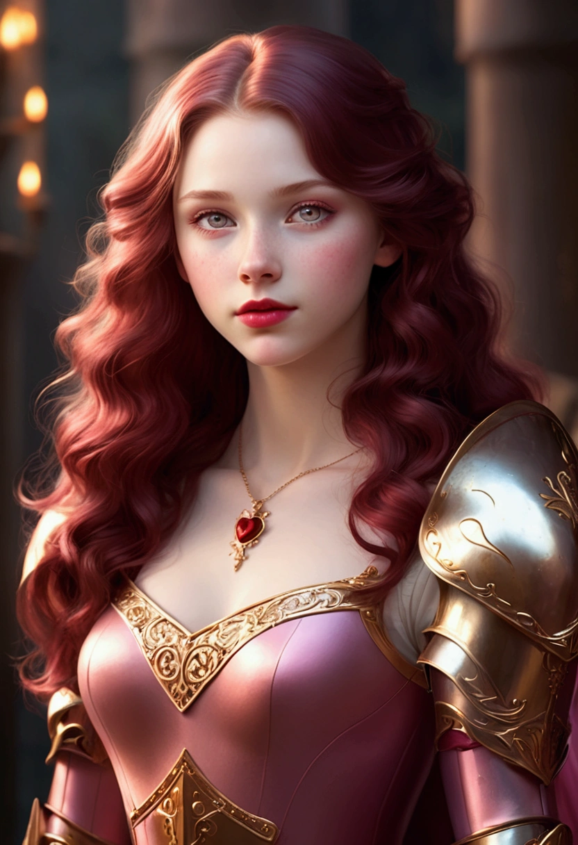 An 18 years old angel girl with pale skin and long, wavy burgundy hair. large and pink eyes, with full blood red lips, with an adorable, and innocent face. She should have a happy expression, wearing a pink, gold, and rose gold colored princess knight armor, with an elegant and regal theme, something that emphasizes her sweet and compassionate personality. Overall, her appearance would be striking, attracting curious looks. small chested, she should have a red scar over her heart, cinematic lighting, chromatic aberration, backlighting, masterpiece, high details, high quality, 4K., (((full body shot)))