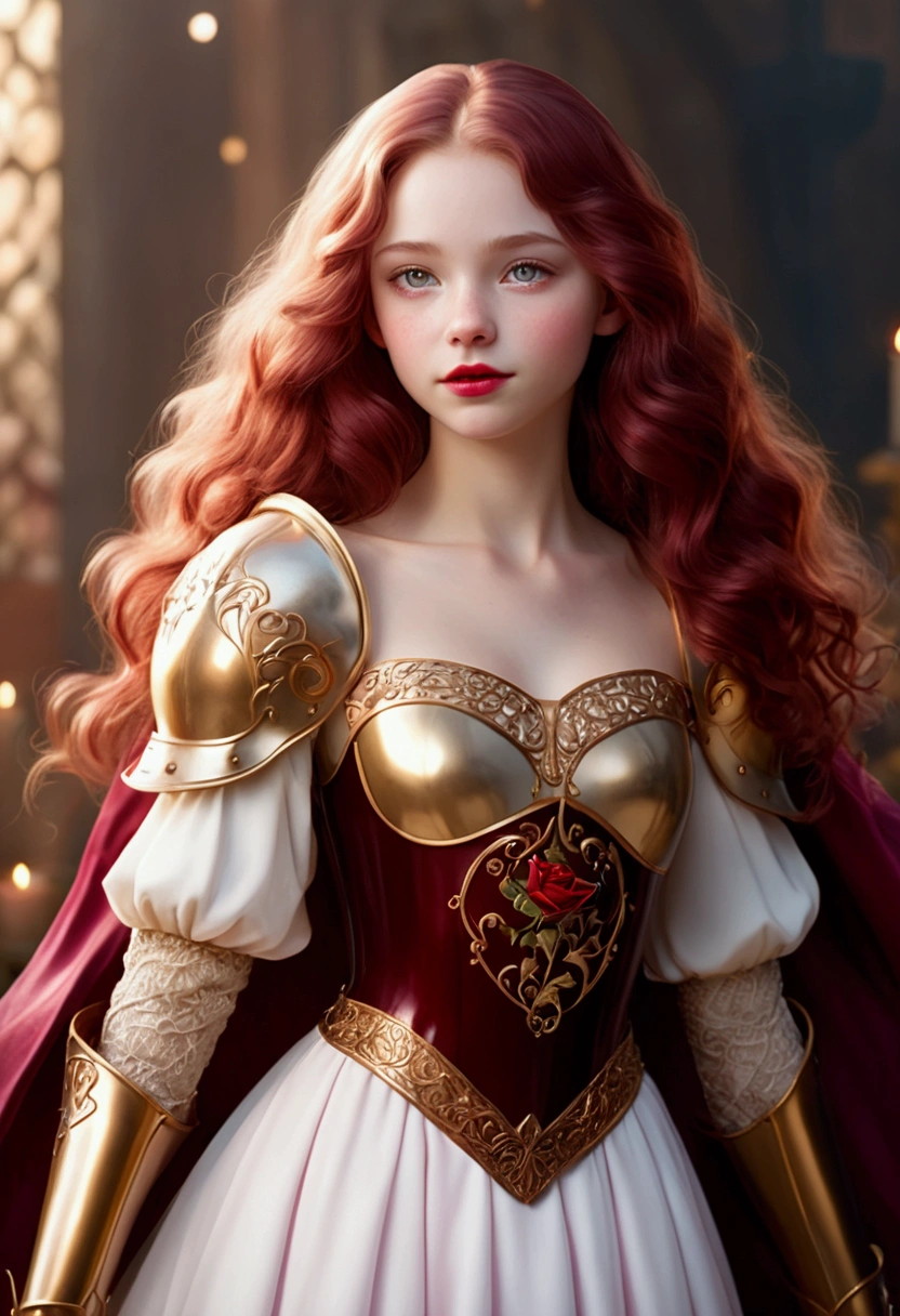 An 18 years old angel girl with pale skin and long, wavy burgundy hair. large and red eyes, with full blood red lips, with an adorable, and innocent face. She should have a happy expression, wearing a pink, gold, and rose gold colored princess knight armor, with an elegant and regal theme, something that emphasizes her sweet and compassionate personality. Overall, her appearance would be striking, attracting curious looks. small chested, she should have a red scar over her heart, cinematic lighting, chromatic aberration, backlighting, masterpiece, high details, high quality, 4K., (((full body shot)))