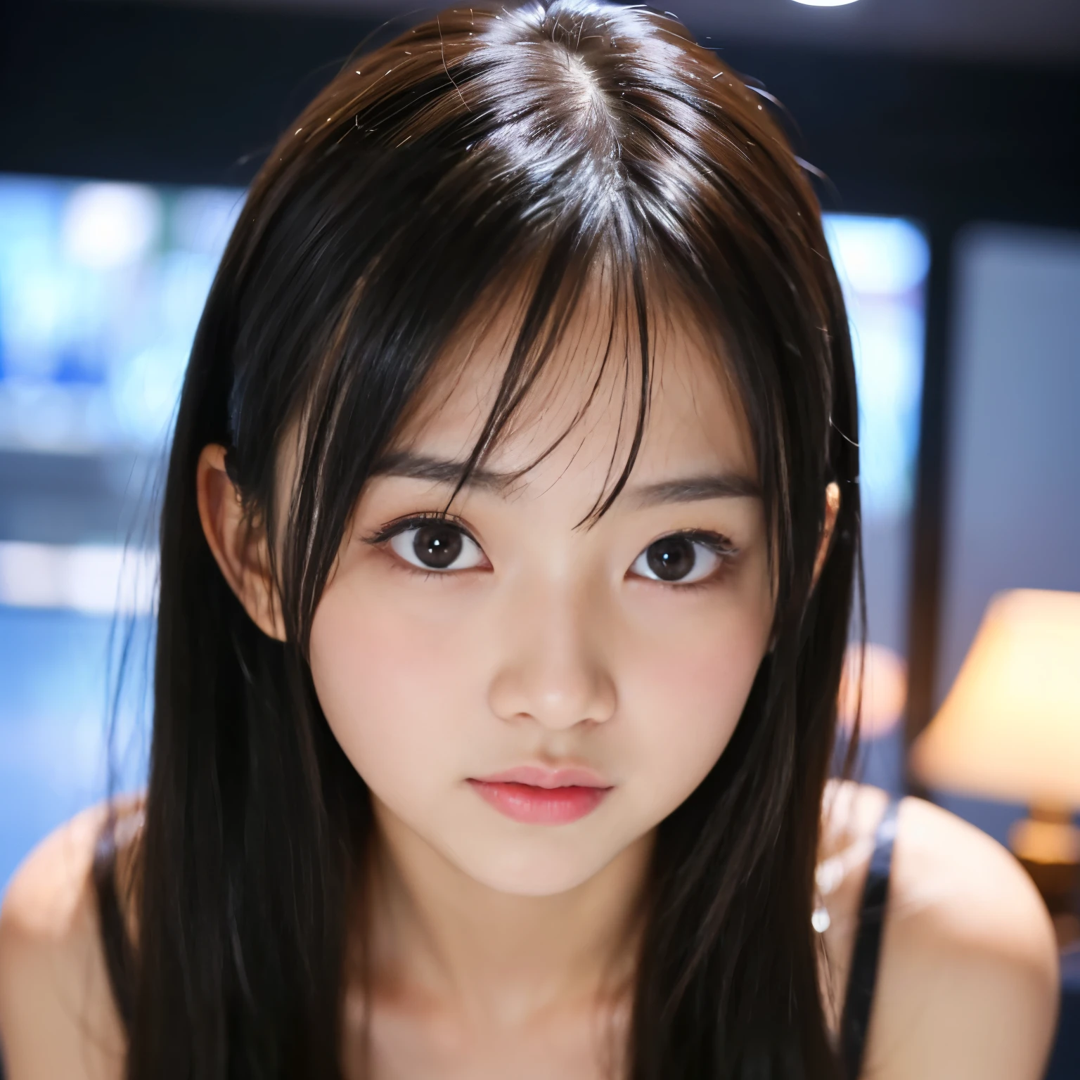 (Best-quality, Masterpiece, Ultra-High-Resolution, (Photorealistic:1.4), Raw Photo, depth of field, professional lighting, perfect anatomy, extremely details), face-focus, (1girl, 15-years-old, the most famous Japanese idol), ((((extremely beautiful and extremely realistic skins)))), ((extremely cute face like the most popular Japanese idol)), (((extremely cute and extremely big black-eyes))), (extremely beautiful black-long-straight-hair), (extremely beautiful long-eyelashes), (extremely beautiful glossy-lips)