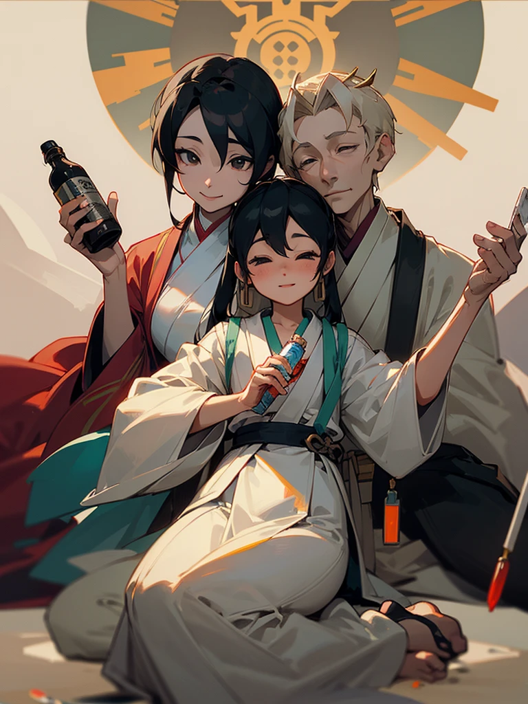 Amida、Zazen、mercy、like、Black Hair 、smile、Holding a bottle of medicine、masterpiece, Anatomically correct, accurate, Highest quality,