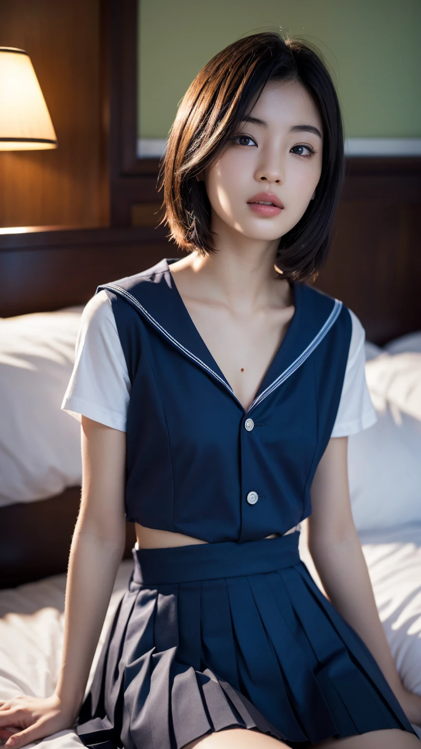 (masterpiece:1.2), Very detailed, Ultra-high resolution, (Realistic, photo Realistic:1.6), High-resolution RAW color photos, Professional photos, Sharp focus:1.2, (Very detailed顔と肌の質感, Very beautiful eyes, Glossのある肌, Glowing Skin, Glowing Skin, Shining Face, Gloss, Oily skin, greasy face, Oily skin, greasy face,),, (real Glossのある肌 texture), Perfect Anatomy, Very detailed背景,((Hotel Bed)),(1 female,25-year-old woman, Japanese women),Thin legs:1.3,(short hair, Straight hair, bangs, Brown Hair),(Flat Chest:1.6), (((Japanese Sailor Suit,Japanese school sailor uniform, Dark blue pleated skirt:1.27、Wear sexy lingerie under your uniform)))