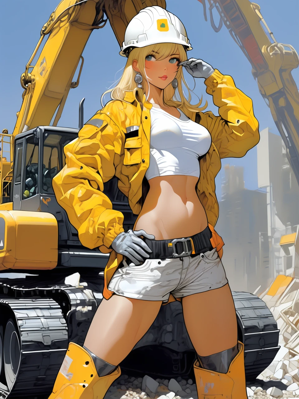 Sexy blonde dressed as a construction worker in a power pose, arms akimbo, posing in front of a massive excavator. She is dressed in safety gear, with a white hard hat and a pair of white short shorts, heavy boots. The excavator looms behind her, its metal frame and bright yellow color contrasting with the gray construction site. Style by J.C. Leyendecker.  Style by Masamune Shirow