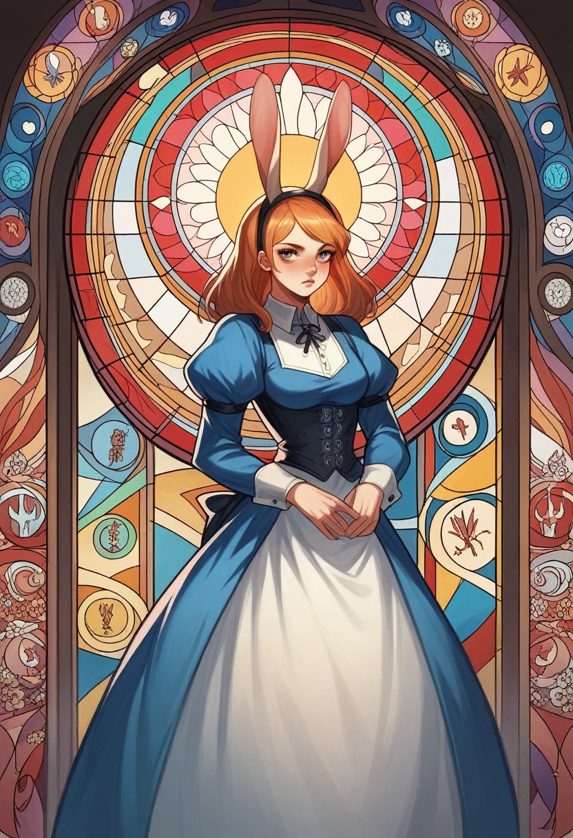 novel illustration, cover page, highres, top quality, best quality, paid reward available, unparalleled masterpiece, perfect artwork, absurdres, High-quality illustrations, super high resolution, detailed background, perfect anatomy, medieval times, mystical, Alice in Wonderland, 1girl, Rabbit in a suit, Sil Off from Isometric Anime, stained glass, On White Background, Geometric composition,