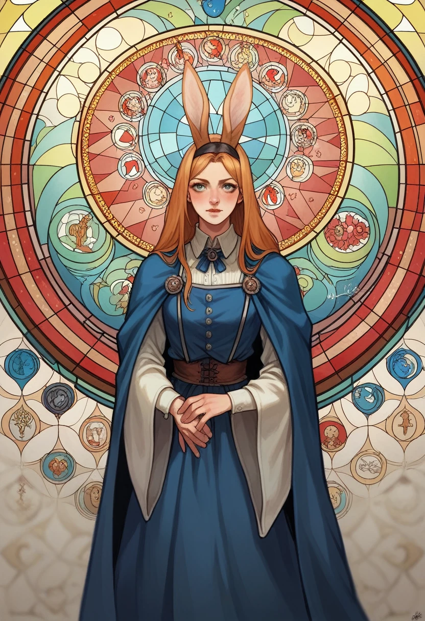 novel illustration, cover page, highres, top quality, best quality, paid reward available, unparalleled masterpiece, perfect artwork, absurdres, High-quality illustrations, super high resolution, detailed background, perfect anatomy, medieval times, mystical, Alice in Wonderland, 1girl, Rabbit in a suit, Sil Off from Isometric Anime, stained glass, On White Background, Geometric composition,