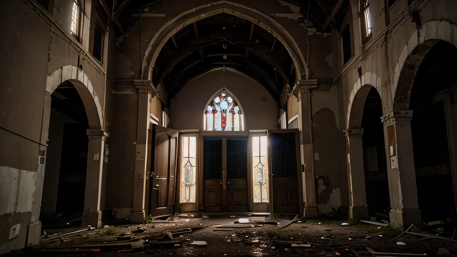 inside abandoned church, wide view of the door entrance, night