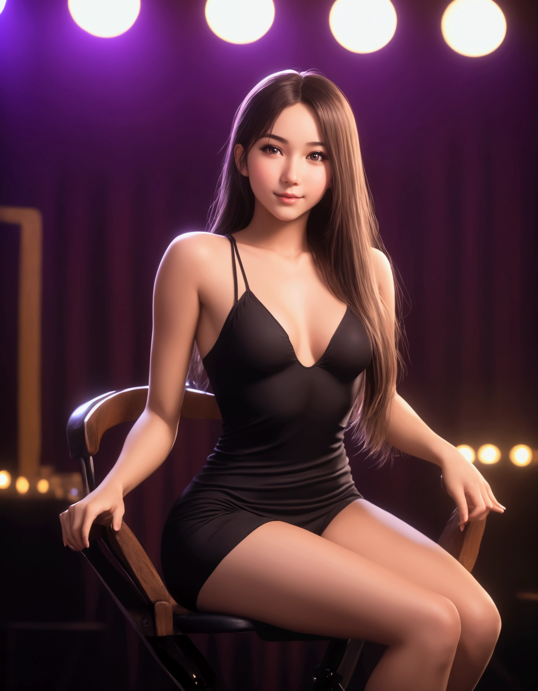 A cute young woman (age 19, cute face, shoulder length straight hair, sexy small outfit, big butt), is a erotic dancer. She is center stage with a sturdy chair. Erotic dance. lewd poses