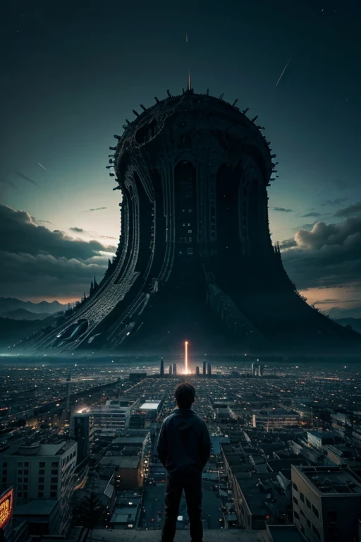 A boy stands and watches as a large extraterrestrial creature destroys his city. Wide anime format