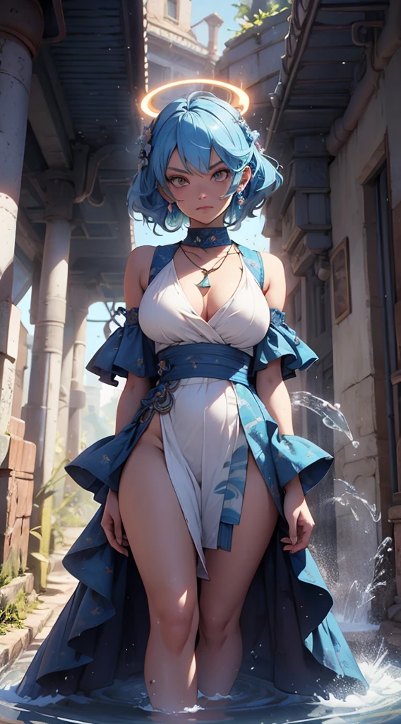 Jedi, Lightsaber, Tight tunics, legs, alien, curve, serious, Blue lightsaber, (Best quality)+, Masterpiece+Length of blue hair to the middle of the back, with a necklace and a blue dress and white, a halo of water over the head, Scales visible on the body and face, NSFW,pele ultra-realista,T-POSE, A-POSE,MODEL SHEET, 3d style