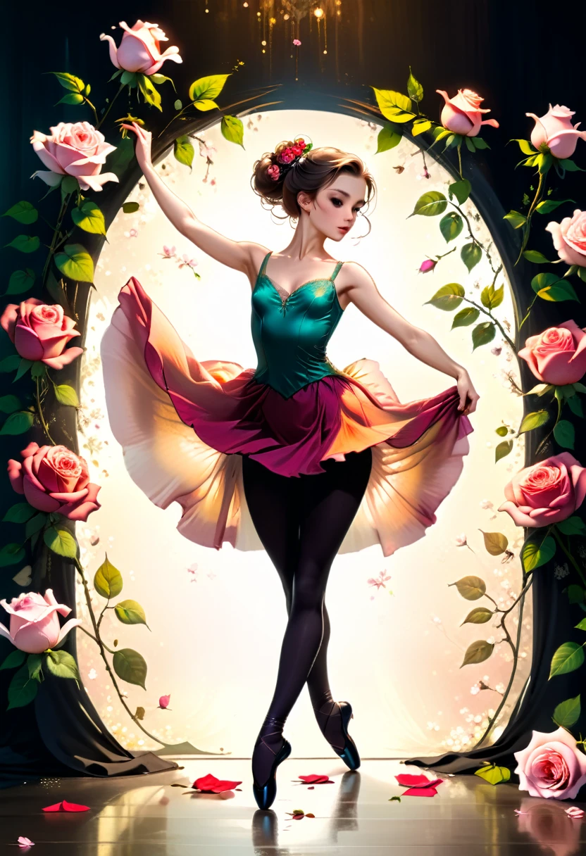 a portrait of female classical ballet prima ballerina dancer in the ((middle of blossoming rose: 1.5)), a full body picture ((anatomically correct: 1.5)) of a exquisite beautiful female dancer wearing silk evening dress, intricate dress dynamic hair color, dynamic hair style, dynamic skin complexion, wearing ballet shoes, wearing thigh highs, she is standing in the middle of a magnificent, epic rose, she stands in the middle of the flower, dynamic background,  vibrant, Ultra-high resolution, High Contrast, (masterpiece:1.5), highest quality, Best aesthetics), best details, best quality, highres, 16k, (ultra detailed: 1.5), masterpiece, best quality, (extremely detailed) RAW, (ultra details, Masterpiece, best quality), Cinematic Hollywood Film, artxldnc, 