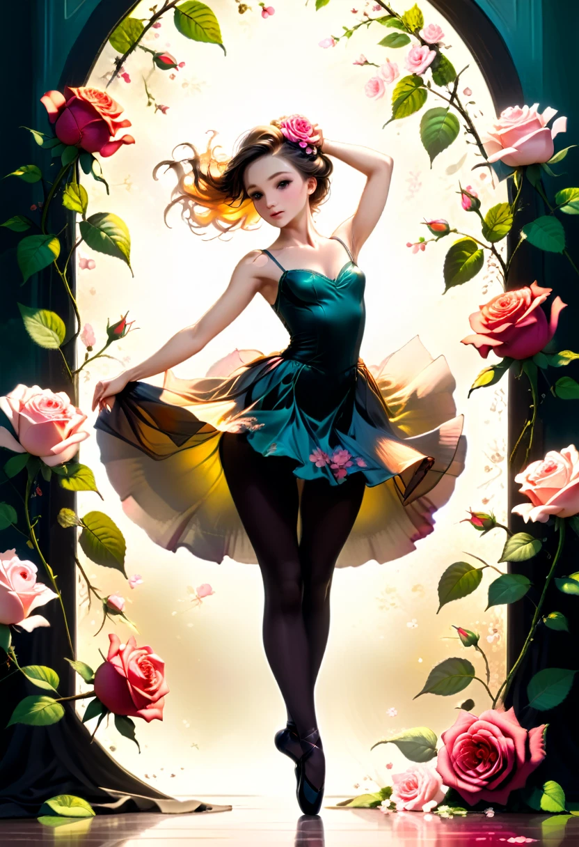 a portrait of female classical ballet prima ballerina dancer in the ((middle of blossoming rose: 1.5)), a full body picture ((anatomically correct: 1.5)) of a exquisite beautiful female dancer wearing silk evening dress, intricate dress dynamic hair color, dynamic hair style, dynamic skin complexion, wearing ballet shoes, wearing thigh highs, she is standing in the middle of a magnificent, epic rose, she stands in the middle of the flower, dynamic background, vibrant, Ultra-high resolution, High Contrast, (masterpiece:1.5), highest quality, Best aesthetics), best details, best quality, highres, 16k, (ultra detailed: 1.5), masterpiece, best quality, (extremely detailed) RAW, (ultra details, Masterpiece, best quality), Cinematic Hollywood Film, artxldnc,