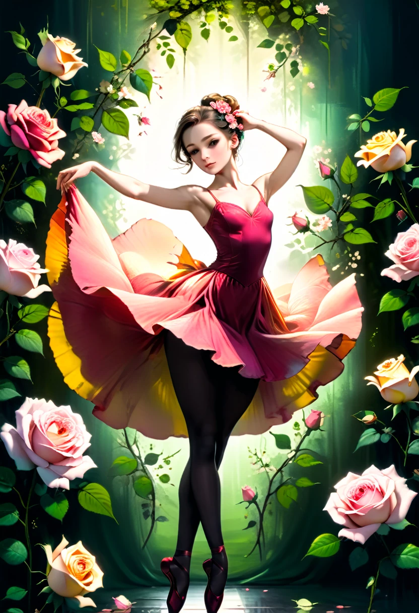 a portrait of female classical ballet prima ballerina dancer in the ((middle of blossoming rose: 1.5)), a full body picture ((anatomically correct: 1.5)) of a exquisite beautiful female dancer wearing silk evening dress, intricate dress dynamic hair color, dynamic hair style, dynamic skin complexion, wearing ballet shoes, wearing thigh highs, she is standing in the middle of a magnificent, epic rose, she stands in the middle of the flower, dynamic background, vibrant, Ultra-high resolution, High Contrast, (masterpiece:1.5), highest quality, Best aesthetics), best details, best quality, highres, 16k, (ultra detailed: 1.5), masterpiece, best quality, (extremely detailed) RAW, (ultra details, Masterpiece, best quality), Cinematic Hollywood Film, artxldnc,