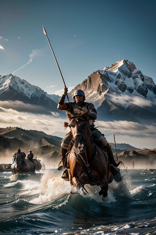 "A dynamic and intense scene depicting various formidable challenges faced by Alexander the Great's empire. Show towering mountains, raging rivers, and fierce battles with vast armies clashing. The scene is filled with determined soldiers overcoming obstacles and pushing forward relentlessly. In the background, display symbols of power and resilience, such as banners waving triumphantly and strong fortresses standing tall. The overall atmosphere should evoke a sense of unwavering bravery and indomitable spirit in the face of any challenge."