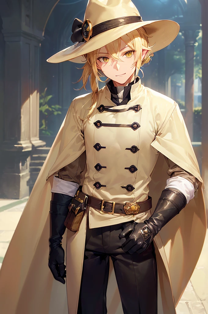 (((masterpiece; best quality: 1.2))), (finely detailed eyes: 1.3), (25 year old elf man), (solo), (yellow eyes: 1.4), (body; toned, fit, masculine: 1.3), (silky blonde hair in low ponytail: 1.3), (beautiful and clear background: 1.2), ((depth of field)), (equipment: adventurer garb + modest + elegant wide-brimmed hunter hat + beige overcoat + shirt + long black slanted cape + black pants + gloves + belt + pouches: 1.3), (anime illustration: 1.2), (background composition; royal garden: 1.1), (extremely fine and handsome: 1.1), (shot composition; standing + centered on torso + close-up: 1.5), (expression; calm, smile: 1.2)