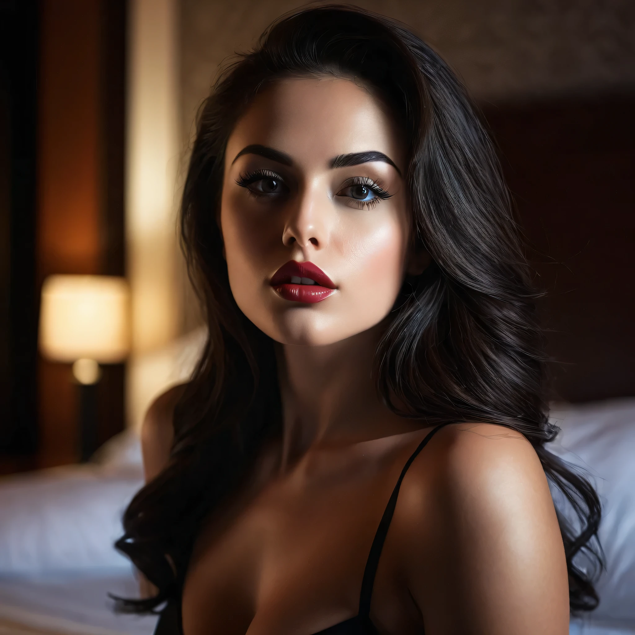 a beautiful young woman with an athletic physique and accentuated curves, with straight dark hair, posing in a hotel room, beautiful detailed eyes, beautiful detailed lips, extremely detailed face, long eyelashes, beautiful curvy body, athletic fit, cinematic lighting, high contrast, chiaroscuro lighting, dramatic atmosphere, moody lighting, dramatic shadows, editorial style, fashion photography, high-end photography, glamour photography, sensual portrait