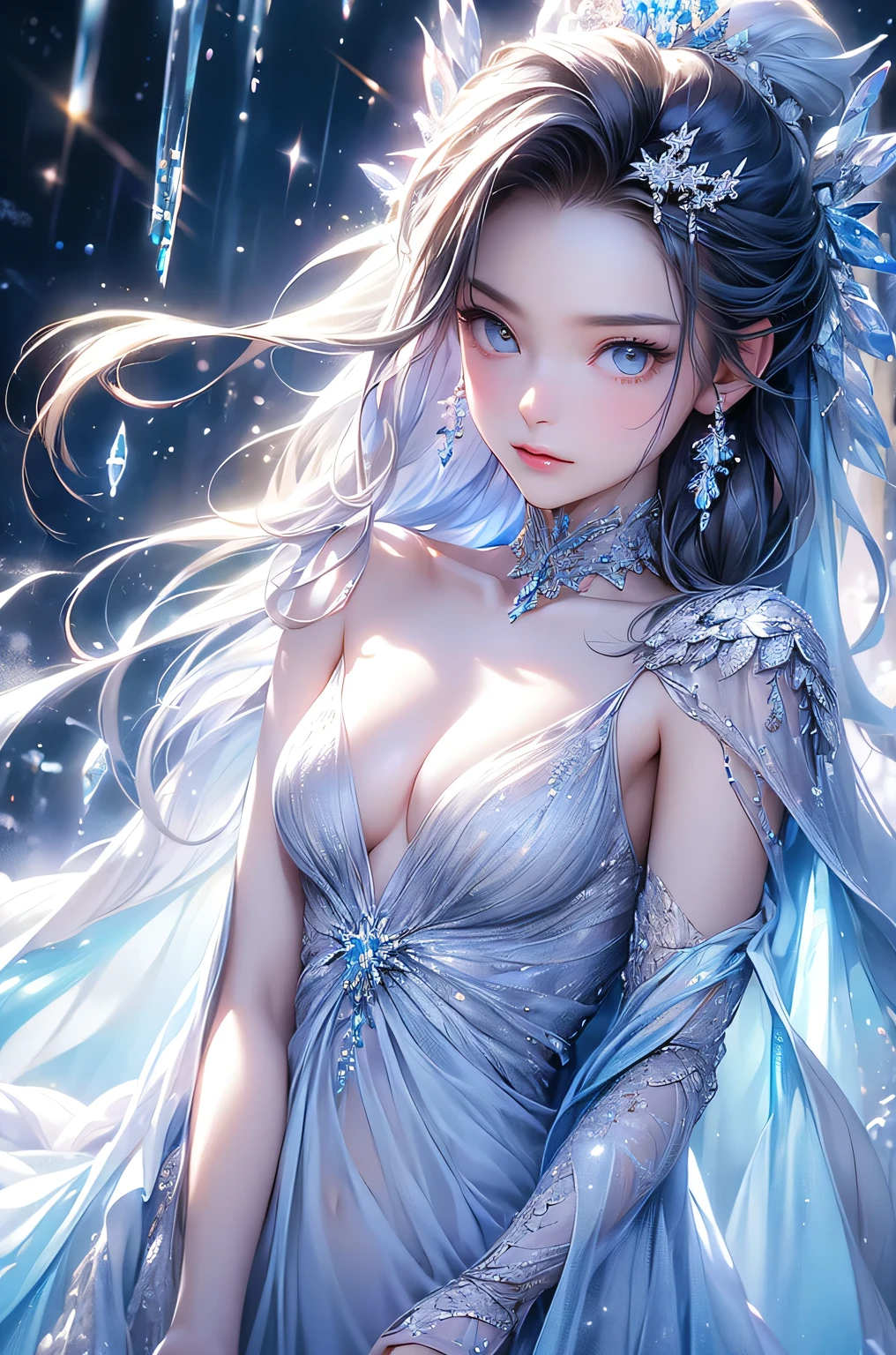 (Upper body photo:1.5)、dutch angle. wood, Exquisite mini ice spikes and crystals, A frozen waterfall in the background, Light reflected by ice crystals, Flowing snowflakes.1 girl、pretty girl,A realistic person,Beautiful cleavage,((small breasts)),Thin legs、Tight waist、standing, Long dress