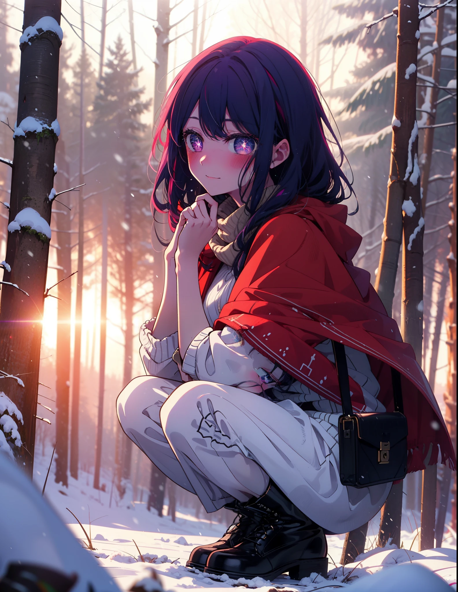 aihoshino, Ai Hoshino, Long Hair, bangs, (Purple eyes:1.1), Purple Hair, (Symbol-shaped pupil:1.5), smile,,smile,blush,white breath,
Open your mouth,snow,Ground bonfire, Outdoor, boots, snowing, From the side, wood, suitcase, Cape, Blurred, , forest, White handbag, nature, Squat, Mouth closed, Cape, winter, Written boundary depth, Black shoes, red Cape break looking at viewer, Upper Body, whole body, break Outdoor, forest, nature, break (masterpiece:1.2), Highest quality, High resolution, unity 8k wallpaper, (shape:0.8), (Beautiful and beautiful eyes:1.6), Highly detailed face, Perfect lighting, Extremely detailed CG, (Perfect hands, Perfect Anatomy),