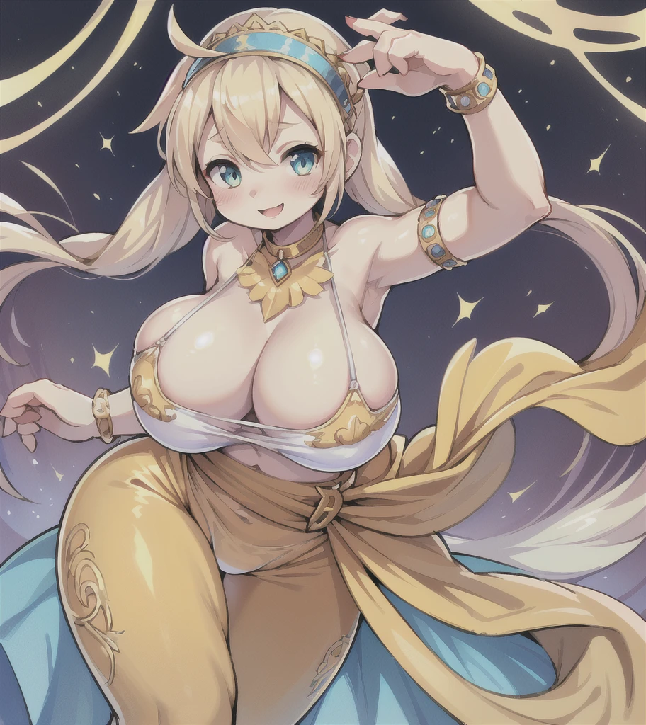 Highest quality, 8k, (One Girl:1.3, Full body portrait),(((Big Breasts:1.1))), (Colorful illustration:1.4), (masterpiece, Highest quality, Official Art), ((Very delicate and beautiful)), ((Gorgeous dancing girl costume、Gold embroidery, Face Veil, See-through harem pants)), ((Smiling dancing girl)), ((Spotlight, Confetti)), (((Fantasy World, Male crowd in the background:1.3, Watching the dancers))), (Sweat flying), (Sexy and dynamic dance), Tavern, (Shining jewels on the waist and chest, bracelet, Decorative collar), ((Twin tails))