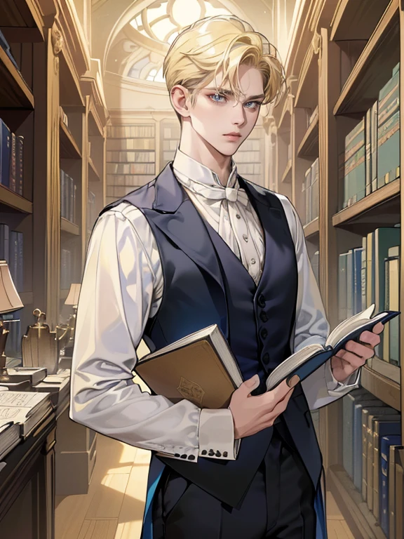 (absurdres, highres, ultra detailed) (half body shot) ((a handsome young man, pale grey eyes, short yellow blonde hair in pushed back hairstyle, white shirt, black tie, blue vest, blue coat, black pants, expressionless, holding an open book, looking at the book, inside a victorian bookshop, afternoon time, stack of books, shelves of books)