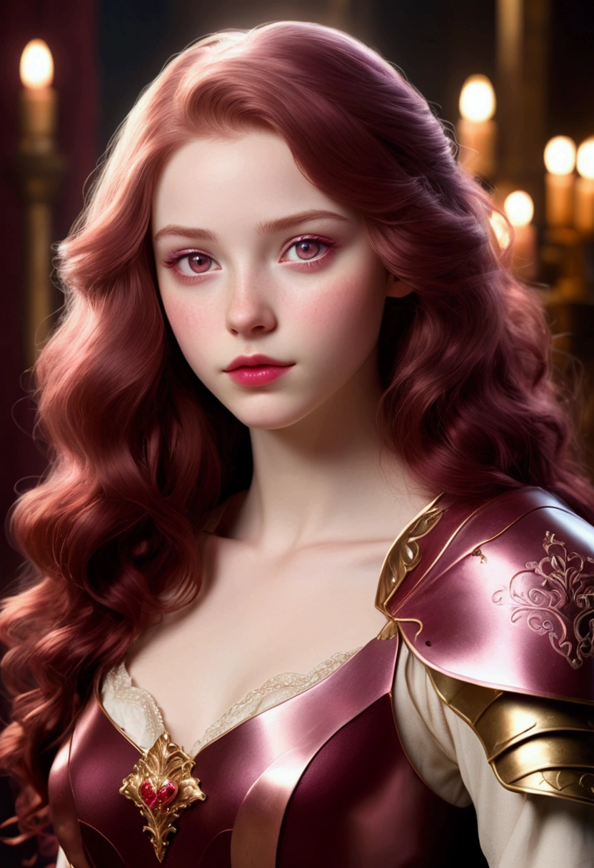 An 18 years old aeon girl with pale skin and long, wavy burgundy hair. large and pink eyes, with full blood red lips, with an adorable, and innocent face. She should have a happy expression, wearing a pink, gold, and rose gold colored princess knight armor, with an elegant and regal theme, something that emphasizes her sweet and compassionate personality. Overall, her appearance would be striking, attracting curious looks. small chested, she should have a red scar over her heart, cinematic lighting, chromatic aberration, backlighting, masterpiece, high details, high quality, 4K., (((full body shot)))
