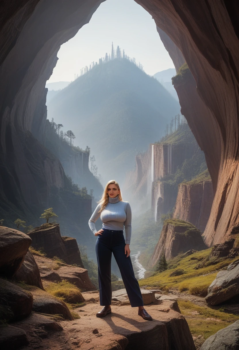one women, ((Marilyn Monroe:Michelle Pfeiffer:0.5)),  Elbow press, Arms down, A slim Spanish blonde woman in a sensual crochet sweater and tight, low-cut jeans, Decollete, Hips and groin visible, slim thighs, Thigh gap,  shorth hair. tanned skin.  slim body. natural relaxed pose.