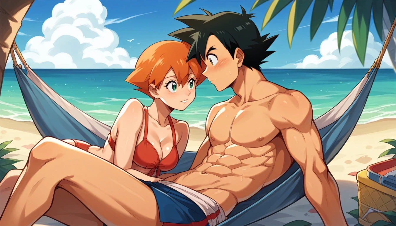 1boy, ash ketchum, black hair, brown eyes, hair between eyes, ash ketchum, on beach, shirtless, male swimwear, handsome boy, macho, good looking boy 1girl, misty pokemon, orange hair, green eyes, on beach, swimsuit, pretty, beautiful girl photograph of a 18 years old couple, at sunset, they're showing off their love and affection for each other, they're caressing, he's lying in hammock, she's resting on his chest, in love looks, peaceful expressions, intimacy, erotic moment