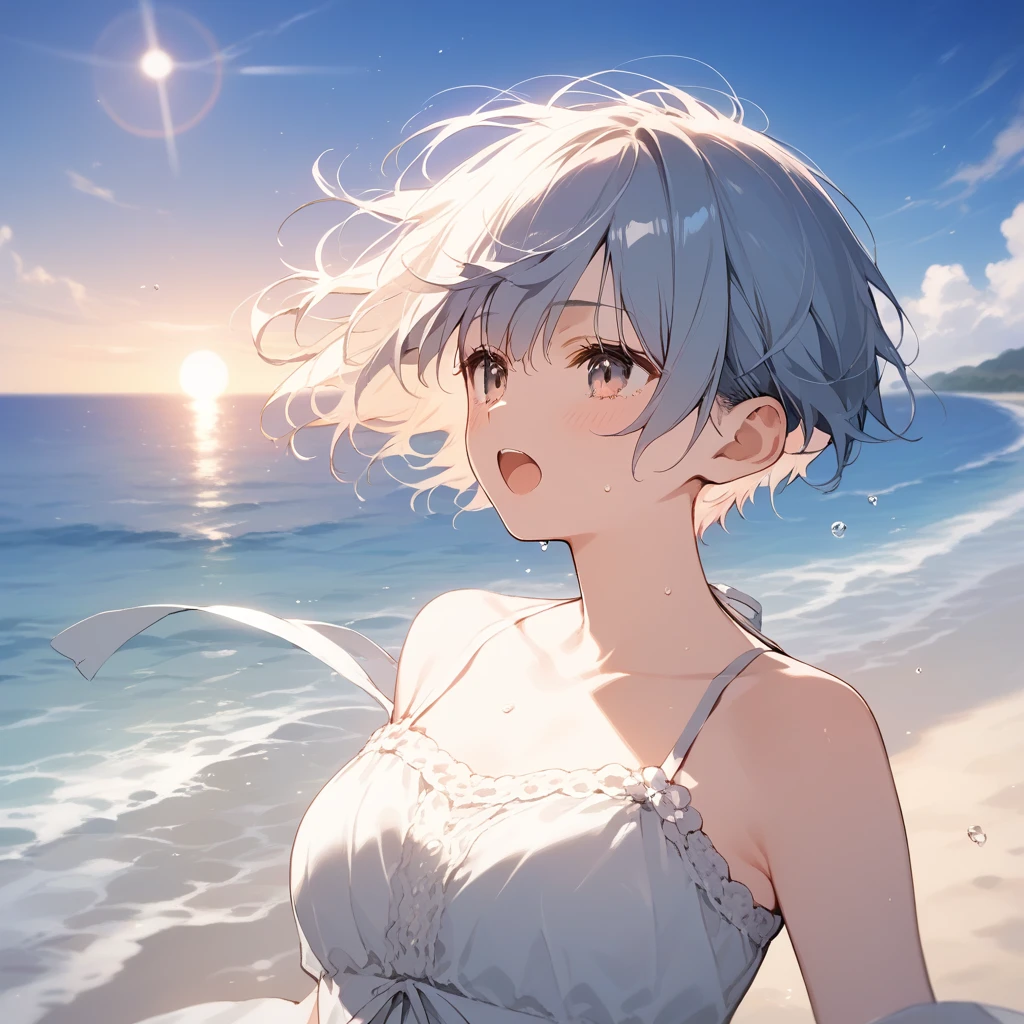 (Sunset Scene, Soft lighting, High saturation):1.4, Vivid lighting, Enchanting elegance, Atmospheric Depth, Great technology, Naturalistic representation, Harmonious composition, Creative refinement, Striking contrast, (One beautiful girl), smile, White Bikini, Expose, Short gray hair ,Volumetric Fog, Outdoor, Backlight, Ocean, Small breasts, Nipples are pinched