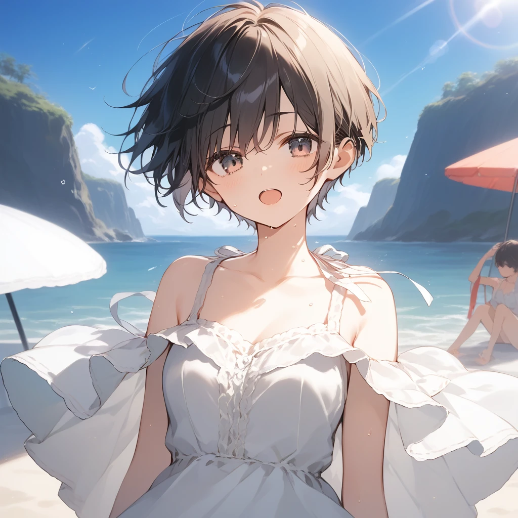 score_9, score_8_up, score_7_up, source_anime, best quality, masterpiece, official art, absurdres, highres, ultra-detailed,waifu2x,Collection: Slice of Life,break,1girl, tomboy, very short hair, pixie cut, breasts, beautiful detailed eyes, sun dress, beautiful detailed eyes, sweat, open mouth, (yawn:0.3), sleepily, outdoors, wind, beach,break,(clear line illustration:1.2), super detailed skin,very high resolution, very aesthetic, Best sexual lighting powered by famous artist, 8k,cute picture,beauty illustration,photoshop_(medium),,(Detailed Lighting),best anime 8k konachan wallpaper, pixiv contest winner,