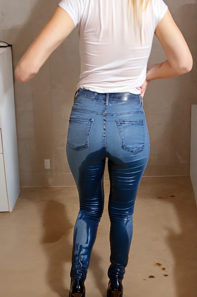 ((rear view)), tall blonde woman, gray skinny jeans, high heels, t-shirt, big smile, standing in an office, show heels, pee stains on legs of jeans, pee stains on hips of jeans, (((full view))), full body view, wetting self, standing in puddle of pee