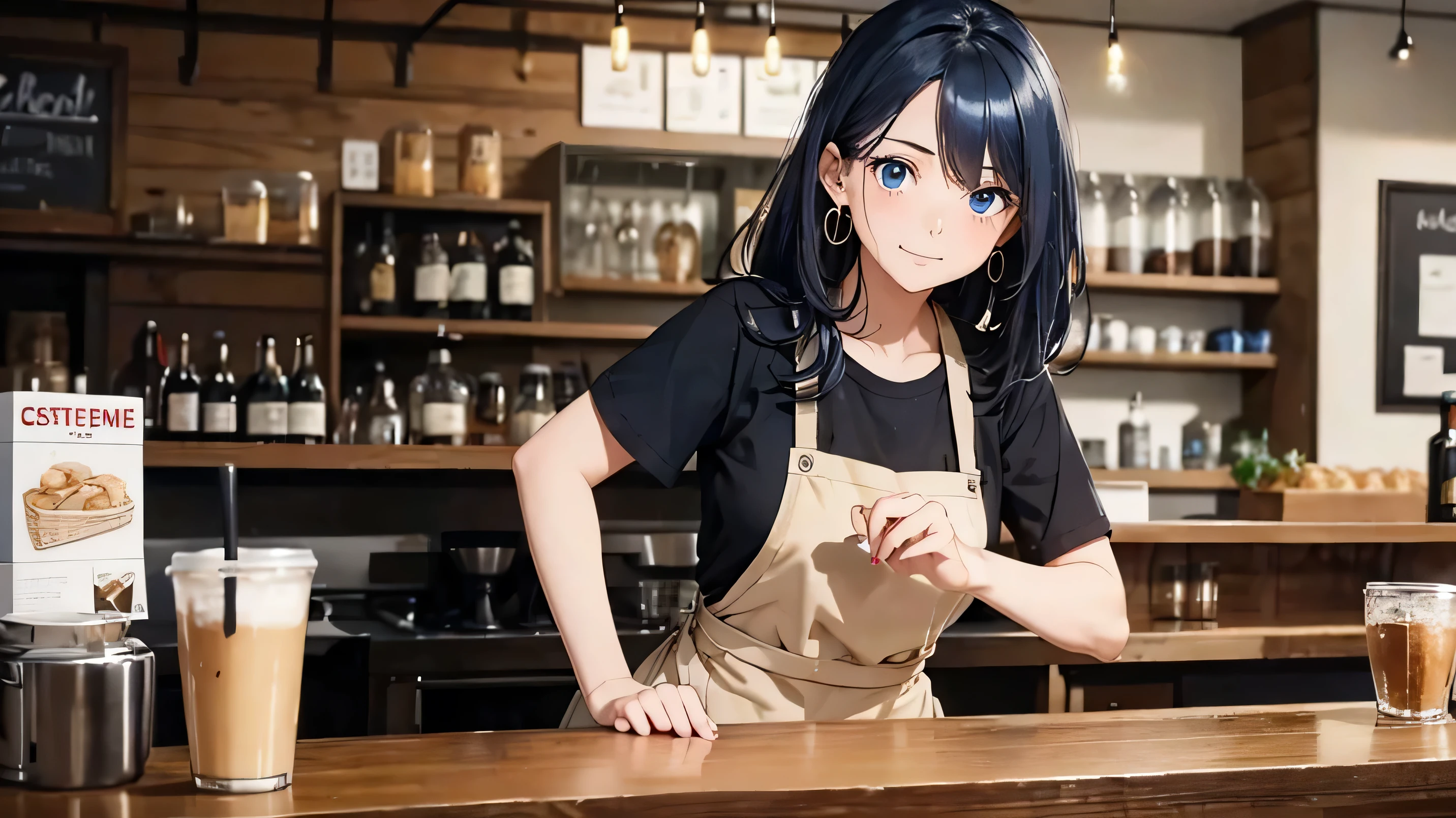 1 girl, adult, dark blue hair, messy hair, Medium hair, light blue eyes, black shirt, black jeans, beige apron, work, Bartender, Waiter, Coffee brewing, cafe bar, concentration, look away, be happy, warmสบาย, cool, illustration, Masterpiece, Ghibli, perfection, High quality, converse shoes, Behind the bar counter, do her work, customer, Sunny, black cross earrings, anime , warm, gold temperature