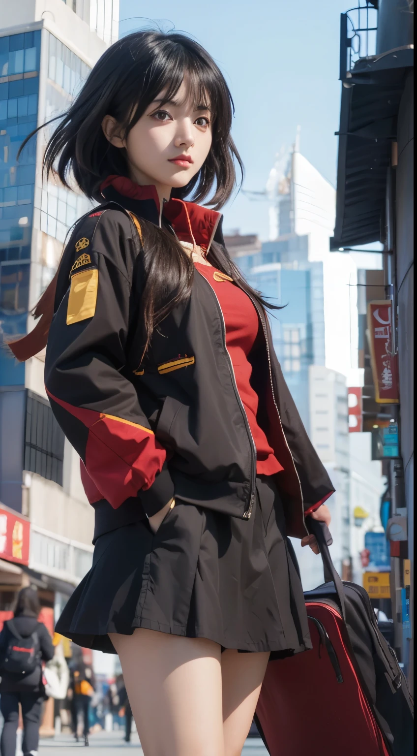 Megumin, konosuba, black hair, brown eyes, friendly face, black red jacket, modern city background, detailed face, detailed hair, detailed eyes, detailed hand, ultra realistic, ultra detailed, best quality, masterpiece.