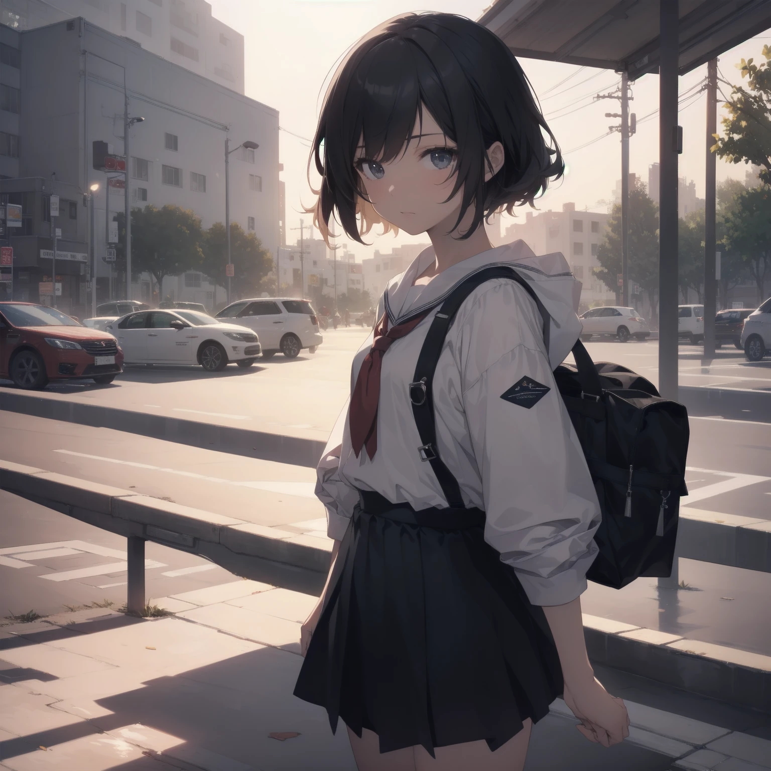 ultra-absurdres-Top quality by artist God, ultra-detailed, high resolution, anime moe artstyle, best anime 8k konachan wallpaper, pixiv contest winner, pool:2810, perfect anatomy,break, 1girl, (Please draw a girl walking sleepily to school alone. )break,(Solo,little female, 13-year-old:1.3),Full limbs, complete fingers,a junior high school student, (very short hair), short cut, flat chest, , small butt, small black eyes, beautiful detailed eyes, well-proportioned iris and pupils, expressive eyes, highres detailed hair, soft expression, salor school_uniform, sailor collar, serahuku, bow, pleated skirt,(Detailed Lighting), (Detailed background), in the School commute route. break,super detailed skin, Best cinematic lighting powered by famous artist, 8k,beauty illustration,photoshop_(medium),very aesthetic,break,((artist:nekotoufu )), artist:clamp ,artist:carnelian ,artist:kantoku ,
