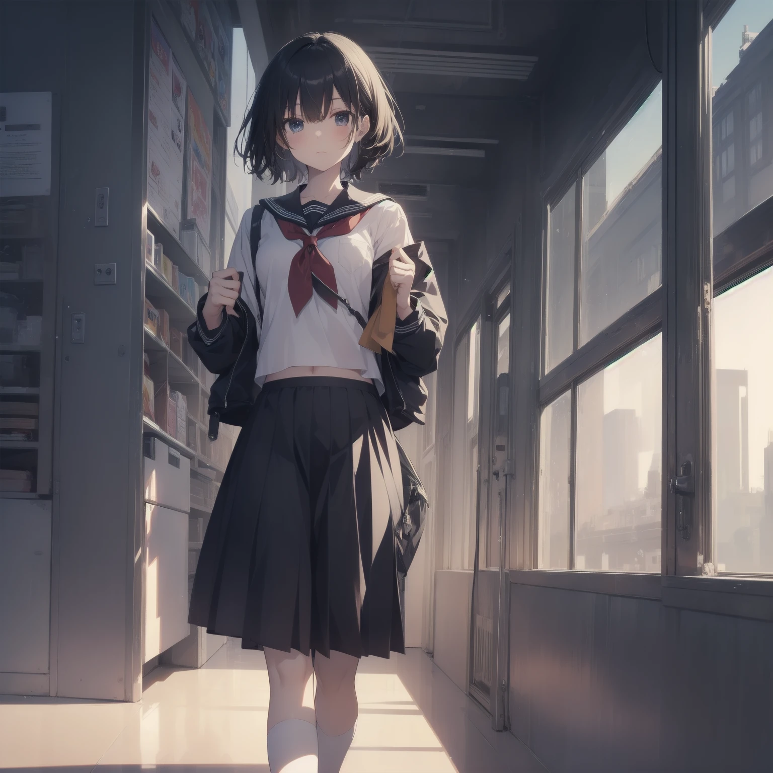 ultra-absurdres-Top quality by artist God, ultra-detailed, high resolution, anime moe artstyle, best anime 8k konachan wallpaper, pixiv contest winner, pool:2810, perfect ???????,break, 1girl, (Please draw a girl walking sleepily to school alone. )break,(Solo,little female, 13-year-old:1.3),Full limbs, complete fingers,a junior high school student, (very short hair), short cut, flat chest, , small butt, small black eyes, beautiful detailed eyes, well-proportioned iris and pupils, expressive eyes, highres detailed hair, soft expression, salor school_uniform, sailor collar, serahuku, bow, pleated skirt,(Detailed Lighting), (Detailed background), in the School commute route. break,super detailed skin, Best cinematic lighting powered by famous artist, 8k,beauty illustration,photoshop_(medium),very aesthetic,break,((artist:nekotoufu )), artist:clamp ,artist:carnelian ,artist:kantoku ,
