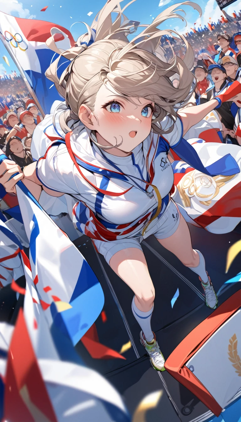 best quality, Good quality, 16K, Unbelievably ridiculous, Very detailed, 2.5D, Delicate and dynamic, Blue sky, Confetti, Olympic flag, crowd, audience, athlete' Admission, Opening ceremony, Torch Relay, gentlemen.々Race, gentlemen.々age, men and women, gentlemen.々nationality, Many flags