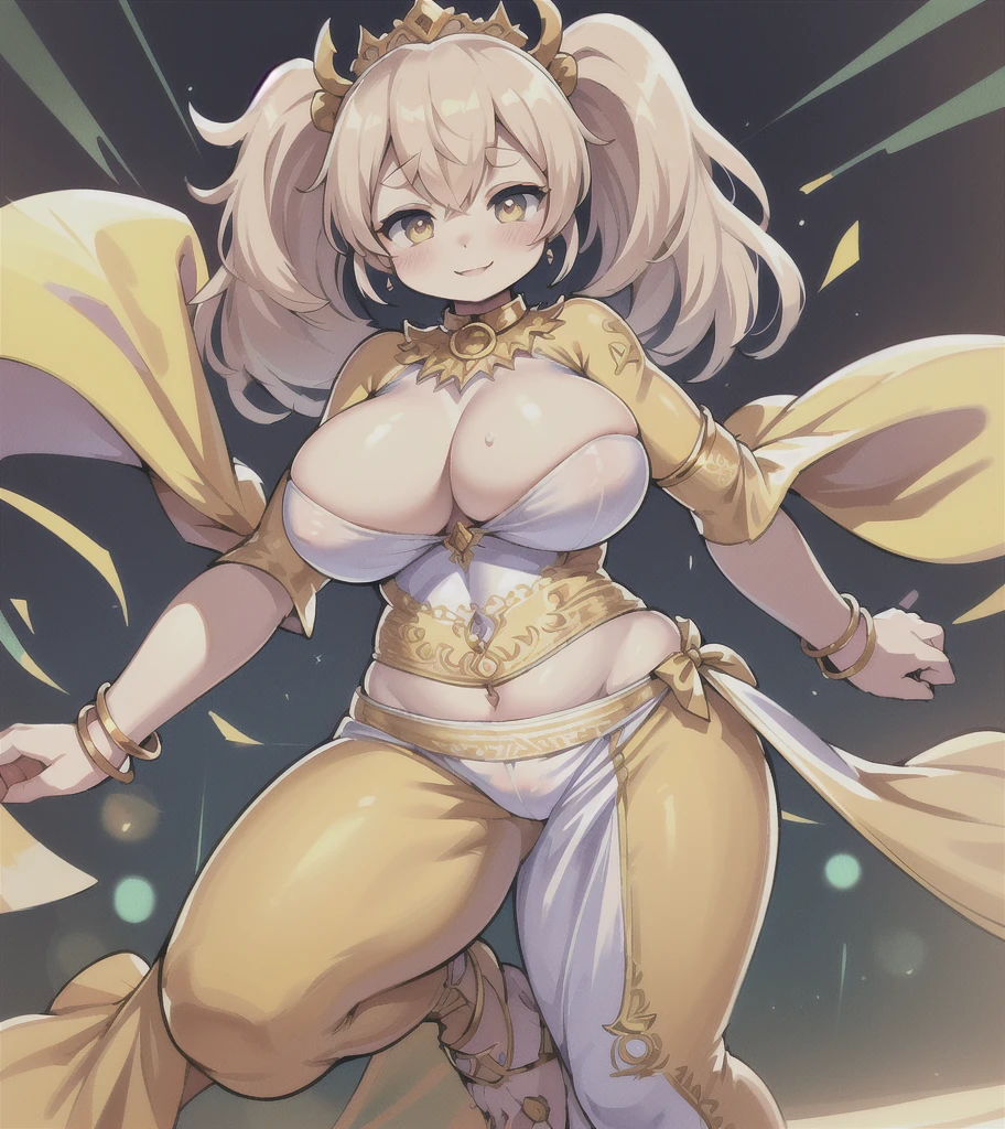 Highest quality, 8k, (One Girl:1.3, Full body portrait),(((Big Breasts:1.1))), (Colorful illustration:1.4), (masterpiece, Highest quality, Official Art), ((Very delicate and beautiful)), ((Gorgeous dancing girl costume、Gold embroidery, Face Veil, See-through harem pants)), ((Smiling dancing girl)), ((Spotlight, Confetti)), (((Fantasy World, Male crowd in the background:1.3, Watching the dancers))), (Sweat flying), (Sexy and dynamic dance), Tavern, (Shining jewels on the waist and chest, bracelet, Decorative collar), ((Twin tails))