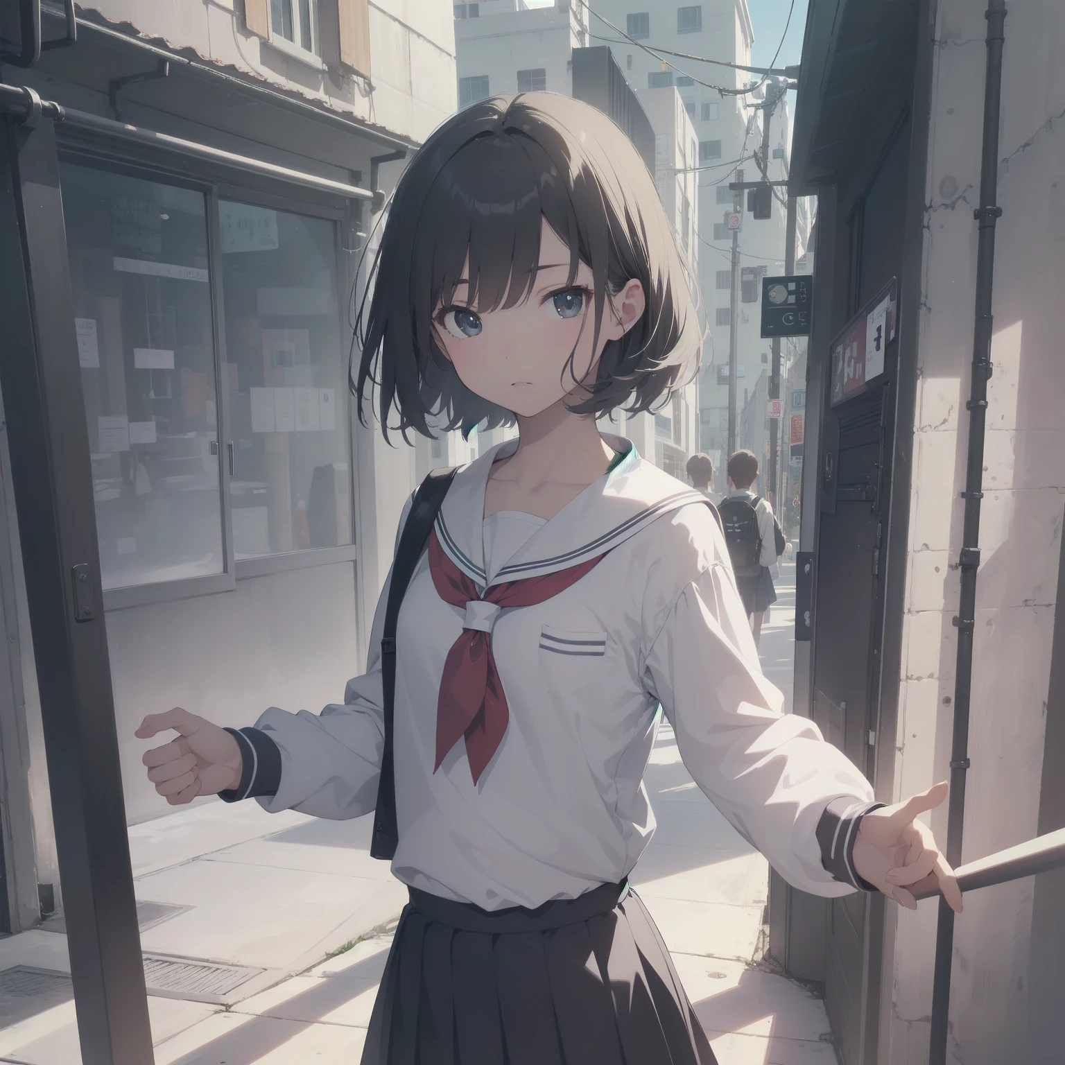 ultra-absurdres-Top quality by artist God, ultra-detailed, high resolution, anime moe artstyle, best anime 8k konachan wallpaper, pixiv contest winner, pool:2810, perfect anatomy,break, 1girl, (Please draw a girl walking sleepily to school alone. )break,(Solo,little female, 13-year-old:1.3),Full limbs, complete fingers,a junior high school student, (very short hair), short cut, flat chest, , small butt, small black eyes, beautiful detailed eyes, well-proportioned iris and pupils, expressive eyes, highres detailed hair, soft expression, salor school_uniform, sailor collar, serahuku, bow, pleated skirt,(Detailed Lighting), (Detailed background), in the School commute route. break,super detailed skin, Best cinematic lighting powered by famous artist, 8k,beauty illustration,photoshop_(medium),very aesthetic,break,((artist:nekotoufu )), artist:clamp ,artist:carnelian ,artist:kantoku ,