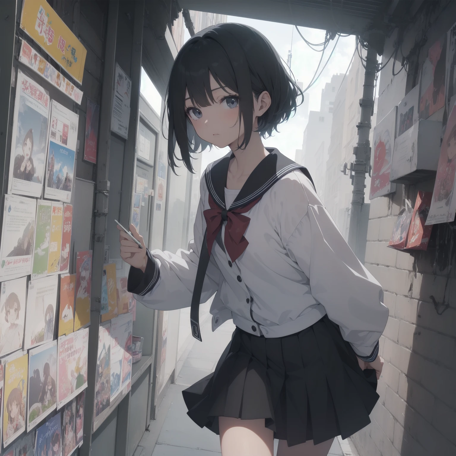 ultra-absurdres-Top quality by artist God, ultra-detailed, high resolution, anime moe artstyle, best anime 8k konachan wallpaper, pixiv contest winner, pool:2810, perfect anatomy,break, 1girl, (Please draw a girl walking sleepily to school alone. )break,(Solo,little female, 13-year-old:1.3),Full limbs, complete fingers,a junior high school student, (very short hair), short cut, flat chest, , small butt, small black eyes, beautiful detailed eyes, well-proportioned iris and pupils, expressive eyes, highres detailed hair, soft expression, salor school_uniform, sailor collar, serahuku, bow, pleated skirt,(Detailed Lighting), (Detailed background), in the School commute route. break,super detailed skin, Best cinematic lighting powered by famous artist, 8k,beauty illustration,photoshop_(medium),very aesthetic,break,((artist:nekotoufu )), artist:clamp ,artist:carnelian ,artist:kantoku ,