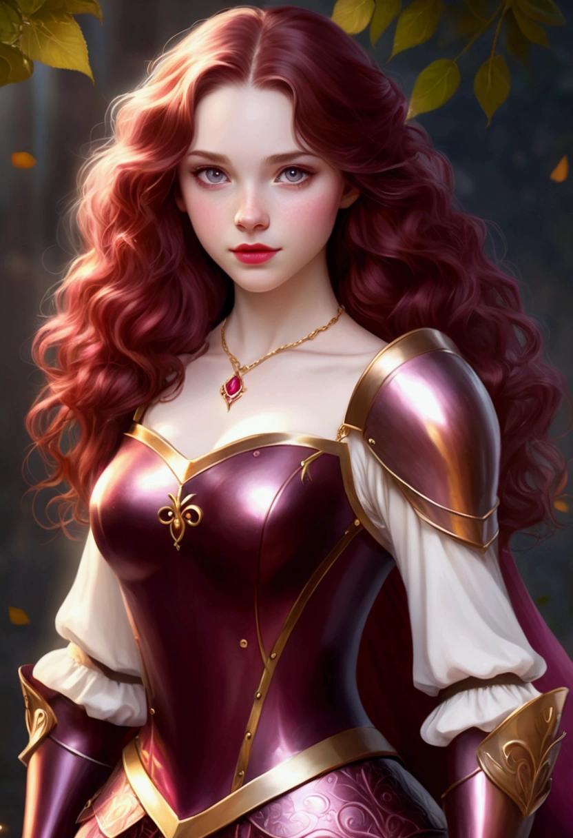 An 18 years old trickster girl with pale skin and long, wavy burgundy hair. large and pink eyes, with full blood red lips, with an adorable, and innocent face. She should have a happy expression, wearing a pink, gold, and rose gold colored princess knight armor, with an elegant and regal theme, something that emphasizes her sweet and compassionate personality. Overall, her appearance would be striking, attracting curious looks. small chested, she should have a red scar over her heart, cinematic lighting, chromatic aberration, backlighting, masterpiece, high details, high quality, 4K., (((full body shot)))