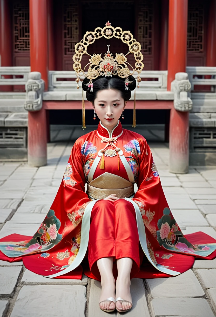 A woman seen from the front, facing forward, on the ground, legs apart, thighs sticking out in front. Empress of the Qing Dynasty, Chinese empress wearing a crown and red Manchu dress with floral pattern, open at the front, showing her chest, stomach, thighs and feet.。She is wearing no underwear, and her large breasts are exposed, right down to her bare stomach. Her hair is tied up and pulled up, and the background is the stone pavement of the Chinese palace of the Qing Dynasty.