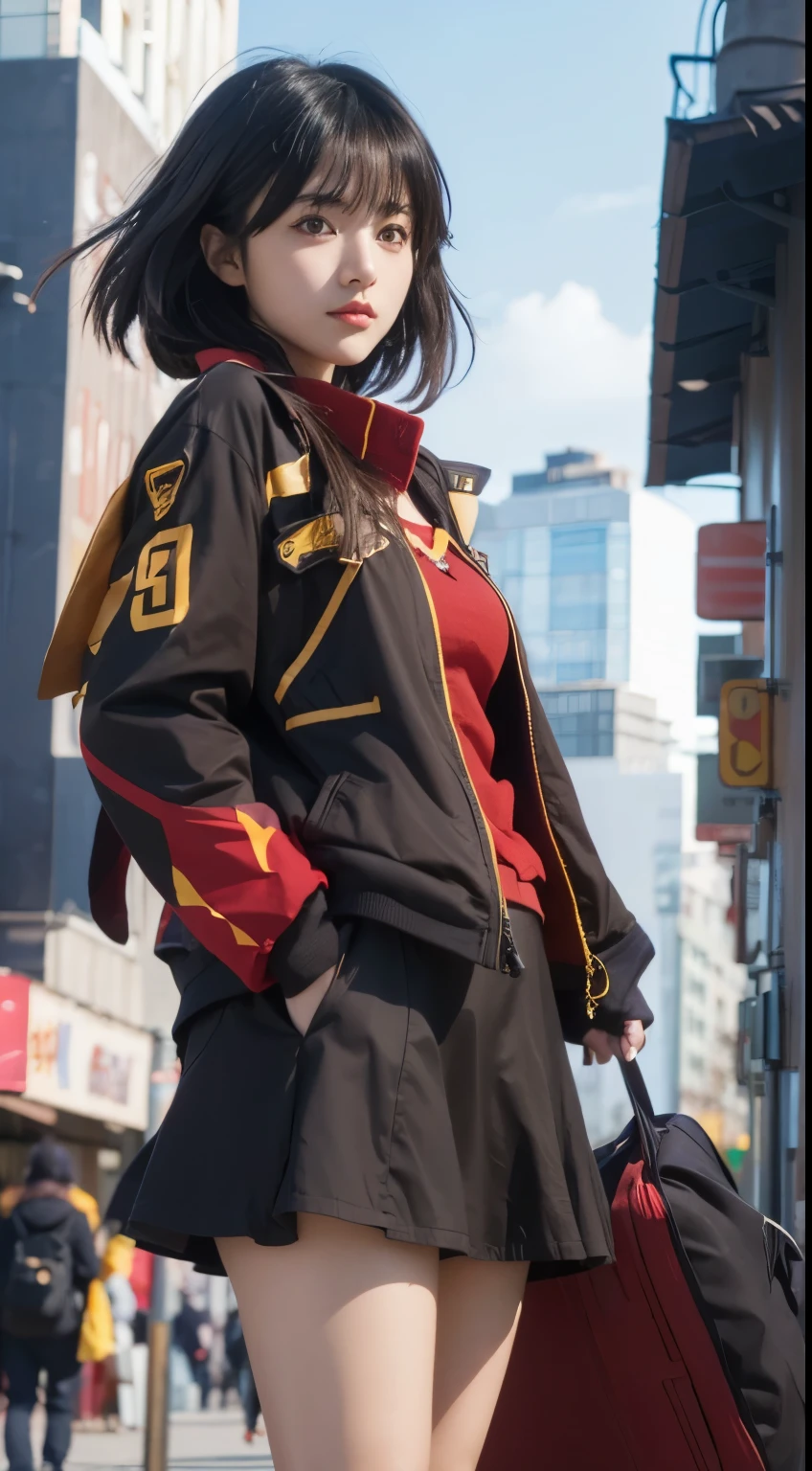 Megumin, konosuba, black hair, brown eyes, friendly face, black red jacket, modern city background, detailed face, detailed hair, detailed eyes, detailed hand, ultra realistic, ultra detailed, best quality, masterpiece.