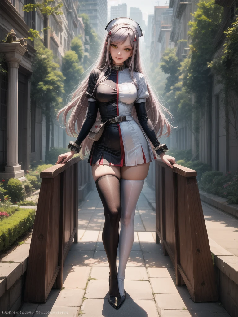 black_lilith, 1girl, solo, thighhighs, asymmetrical legwear,
long hair, long right sleeve short left sleeve,
hairclip, asymmetrical clothes, nurse cap, yellow eyes, collar, wrist_cuffs, waist bag, full body, front view, superiority head tilt , elegant garden, nude woman statues