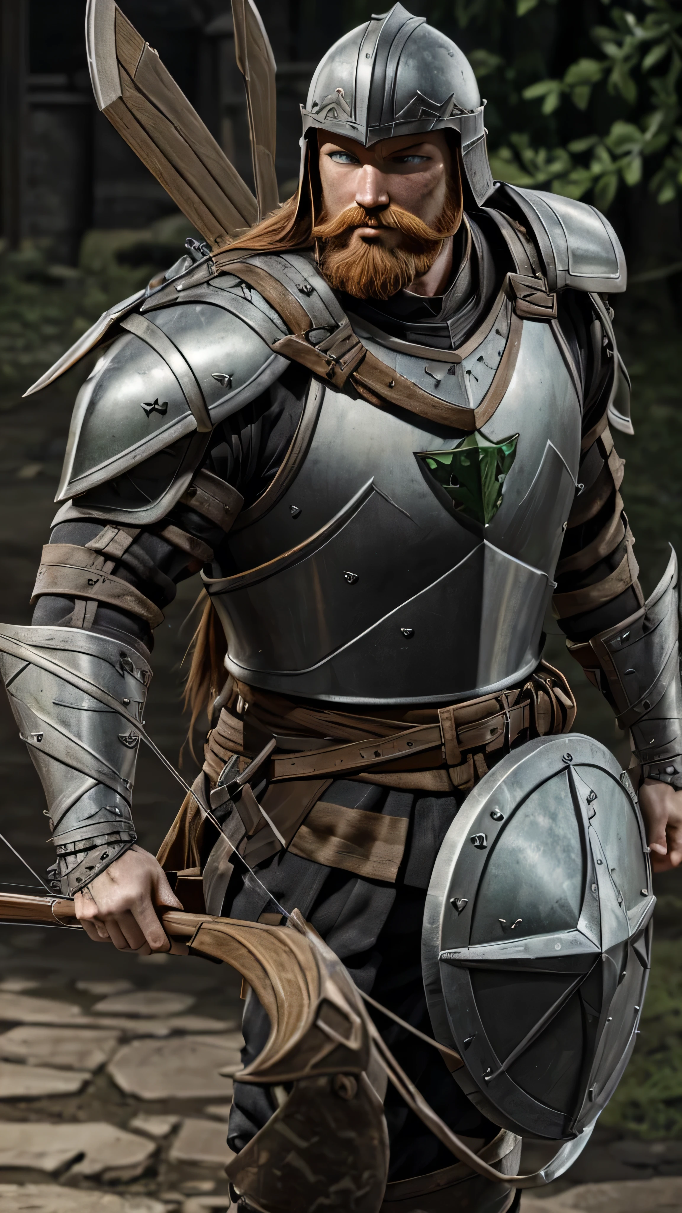 muscled warrior, male, ((long) ginger beard), dark gray (helmet), dark gray (armor), plates, (crossbow), (bow), (big shield), (masterpiece, best quality), (green eyes), (hyper realistic:1.6), ((detailed face)), ((award-winning)), (sharp), (8k resolution), (cinematic lighting)