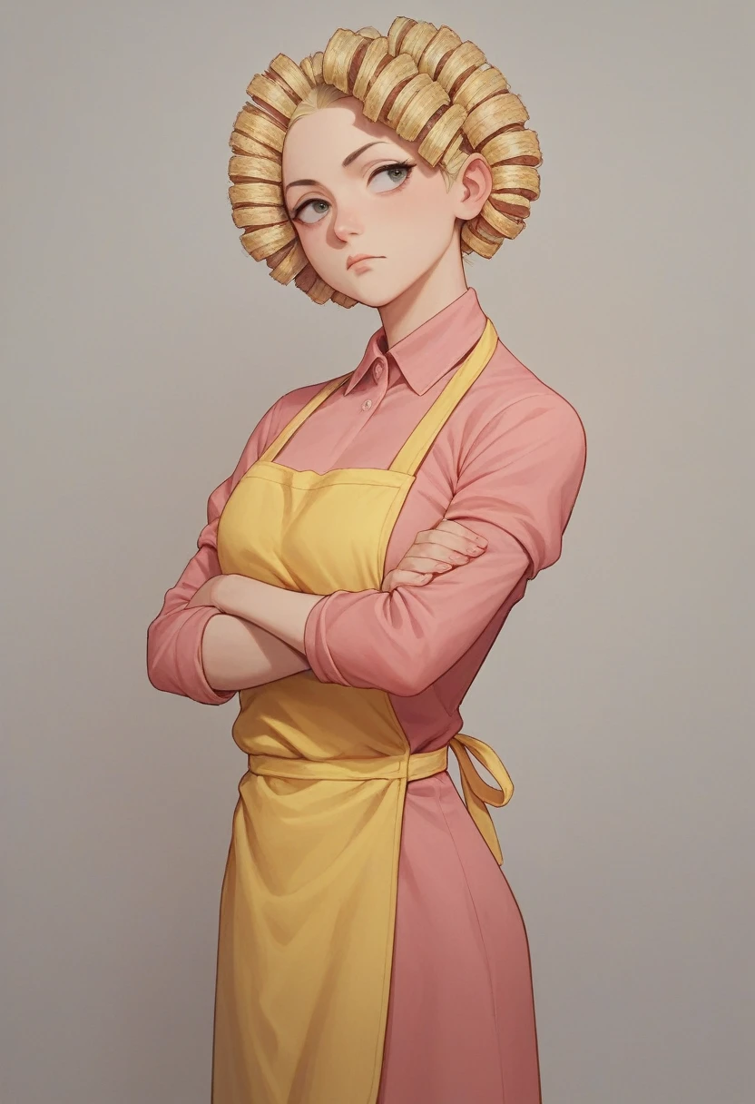 woman, slim, pink dress, yellow apron, Doña Florinda from El Chavo Del 8, crossed arms, blonde, curlers on hair, 3d