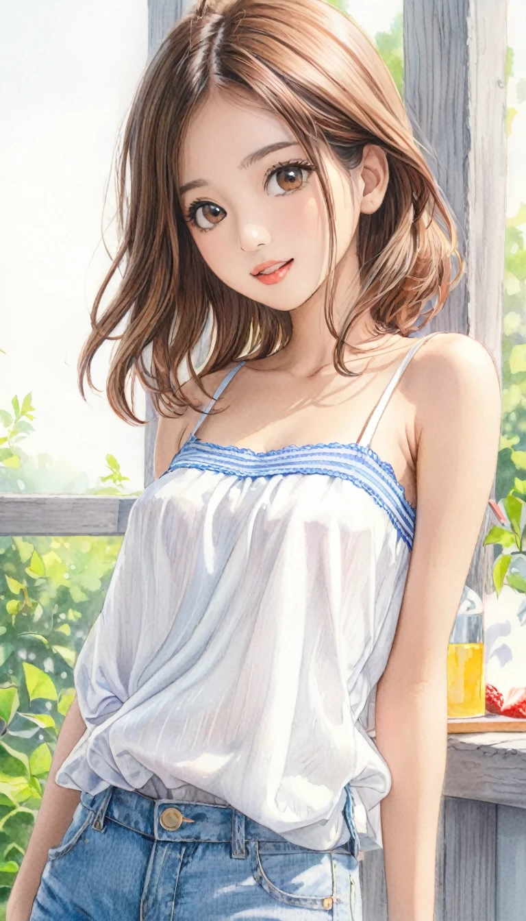 woman,Short camisole,white,art,advertisement,Colored pencil drawing,draft 、Summer Girl、
