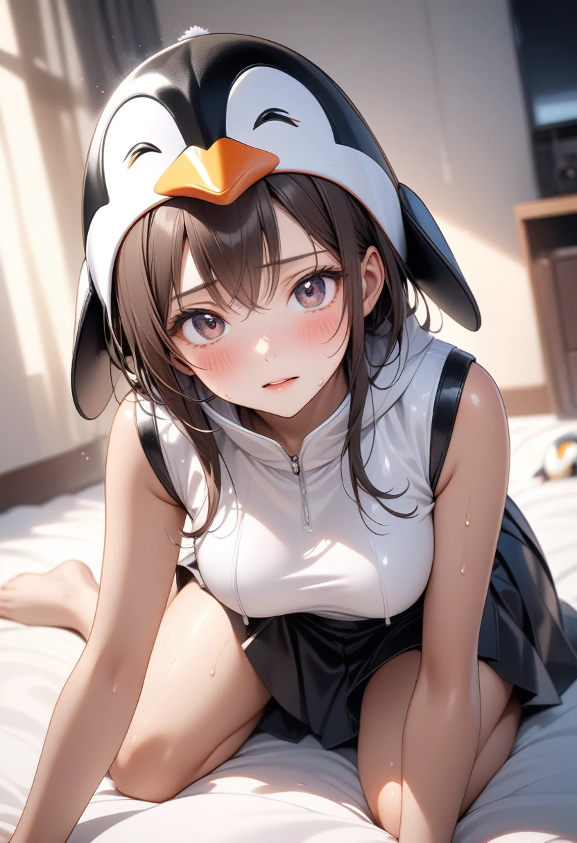 (((((Penguin costumes)), skirt, (((Penguin hat)))))), ((Shiny Costumes)), skindentation, skinny, solo, 1 woman, Masterpiece, highest quality, highest quality, 16K, incredibly absurd, highly detailed, 2.5D, ai-generated, delicate and dynamic, very delicate facial expressions, delicate eye depiction, erotic, only sexy woman, ((A cute and kind face)), healthy figure, ((25-year-old woman)), 160cm tall, medium firm swaying bust, , blush, Sweat,Embarrassed,sexy, ((thin thighs)), (camel toe:0.7), (visible nipples:0.3), (Erect nipples,:0.7), shiny and lustrous, facing straight at viewer, (((in heat))), ((Oily_skin)), ((Lots of sweat)), (((Brown Skin))), ((dutch angle)), ((erotic pose)), (((Collapsed from heat stroke))), ((reclining)),