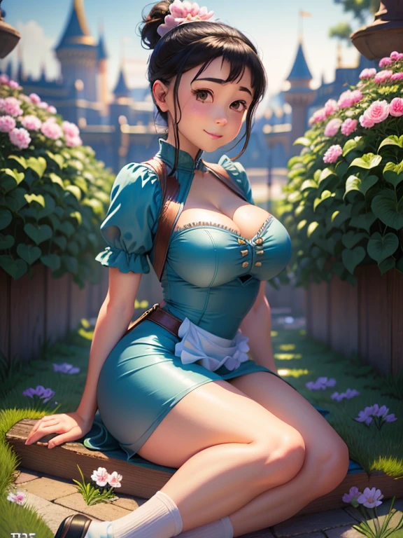 (masterpiece), (Best Quality), (extremely detailed), Agnes Gru, Very short blue dress White apron, black headband, short black hair tied up and forming a tail, Long white socks that will reach the height of your buttocks, cute sitting pose with legs open, Her pink vagina will be seen and she will be looking at the viewer with a sensual and seductive face., in a flower garden, (pond), (((Disney castle in the background))), (blue sky), (sunny day), 3D. illustration, Good highlights, perfect proportions, dynamic, professional, awarded, (very detailed skin), (Very detailed face), photorealistic, HdR, ultra high resolution, absurdities, perfect body shape, Nice smile, big breasts, very big buttocks, Wide hips, very sexy,  