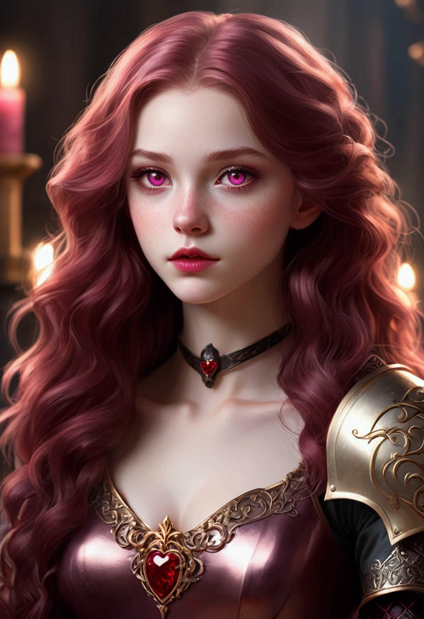 An 18 years old necromancer girl with pale skin and long, wavy burgundy hair. large and pink eyes, with full blood red lips, with an adorable, and innocent face. She should have a happy expression, wearing a pink, gold, and rose gold colored princess knight armor, with an elegant and regal theme, something that emphasizes her sweet and compassionate personality. Overall, her appearance would be striking, attracting curious looks. small chested, she should have a red scar over her heart, cinematic lighting, chromatic aberration, backlighting, masterpiece, high details, high quality, 4K., (((full body shot)))