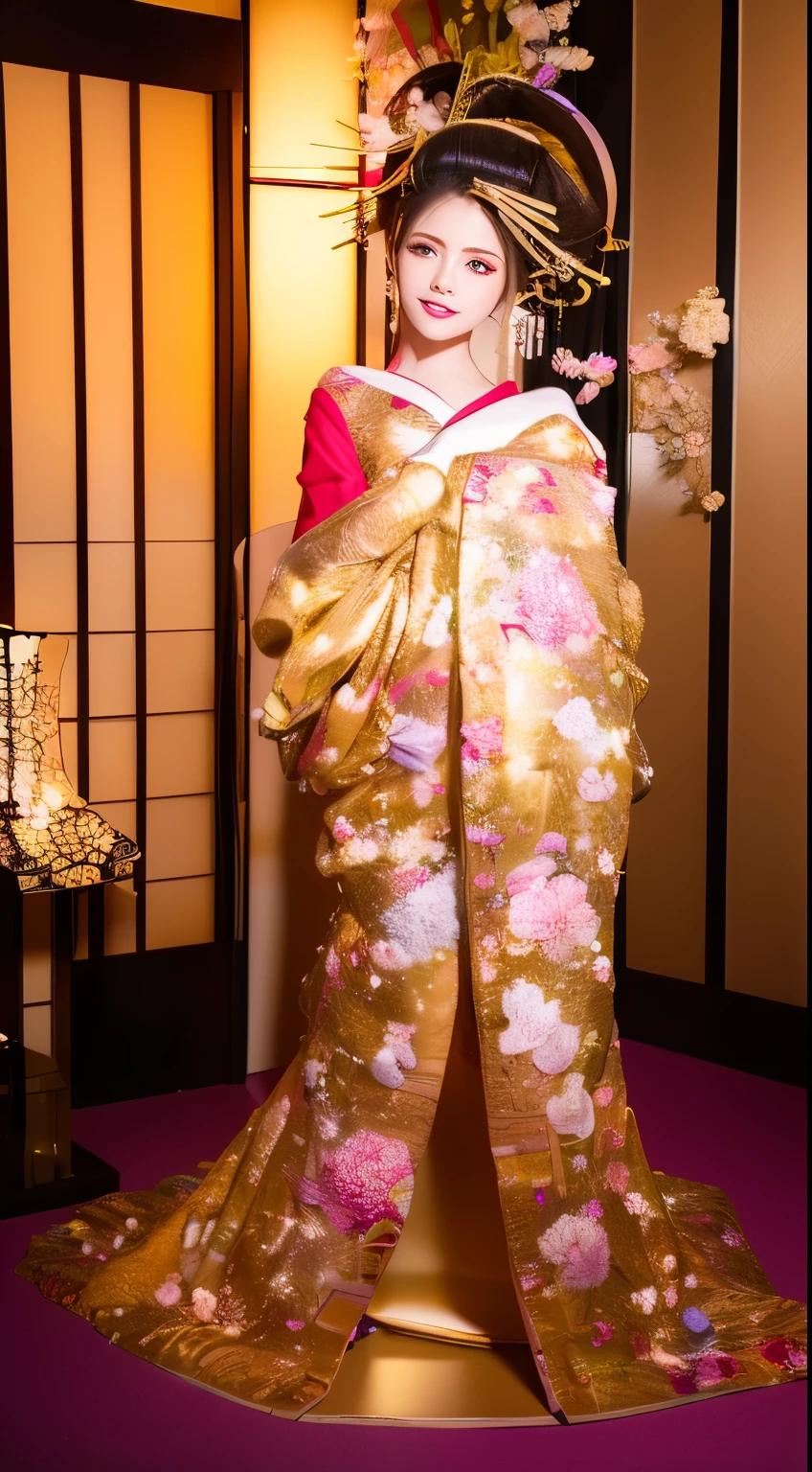 ((masterpiece(:1.4),Highest quality,Ultra-high resolution,Highest quality,8k,Extremely detailed,In detail))。night,Japanese,(A beautiful woman),glossy,slim,Large Breasts(1.6),sexy,glamorous,Golden Ratio Style,Perfect Style,whitening,Flashy gal makeup,Red light district,Bedroom,Oiran,Prostitute,Sunny day outfit,Uchikake,Gold brocade,((A gorgeous kimono)),A cutting board belt tied in front,Hair tying,hairpin,hair ornaments,Gorgeous costumes,Beautiful standing posture,Presence,Exude sex appeal,