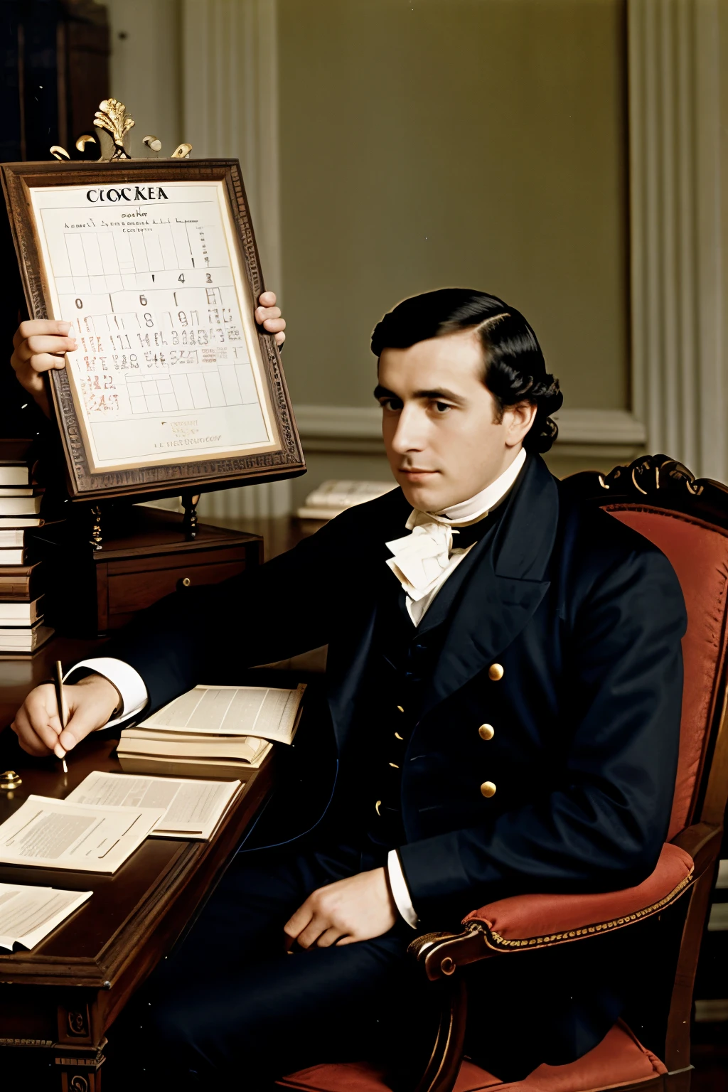 Thomas Cook in his office, looking at a calendar in the year 1841