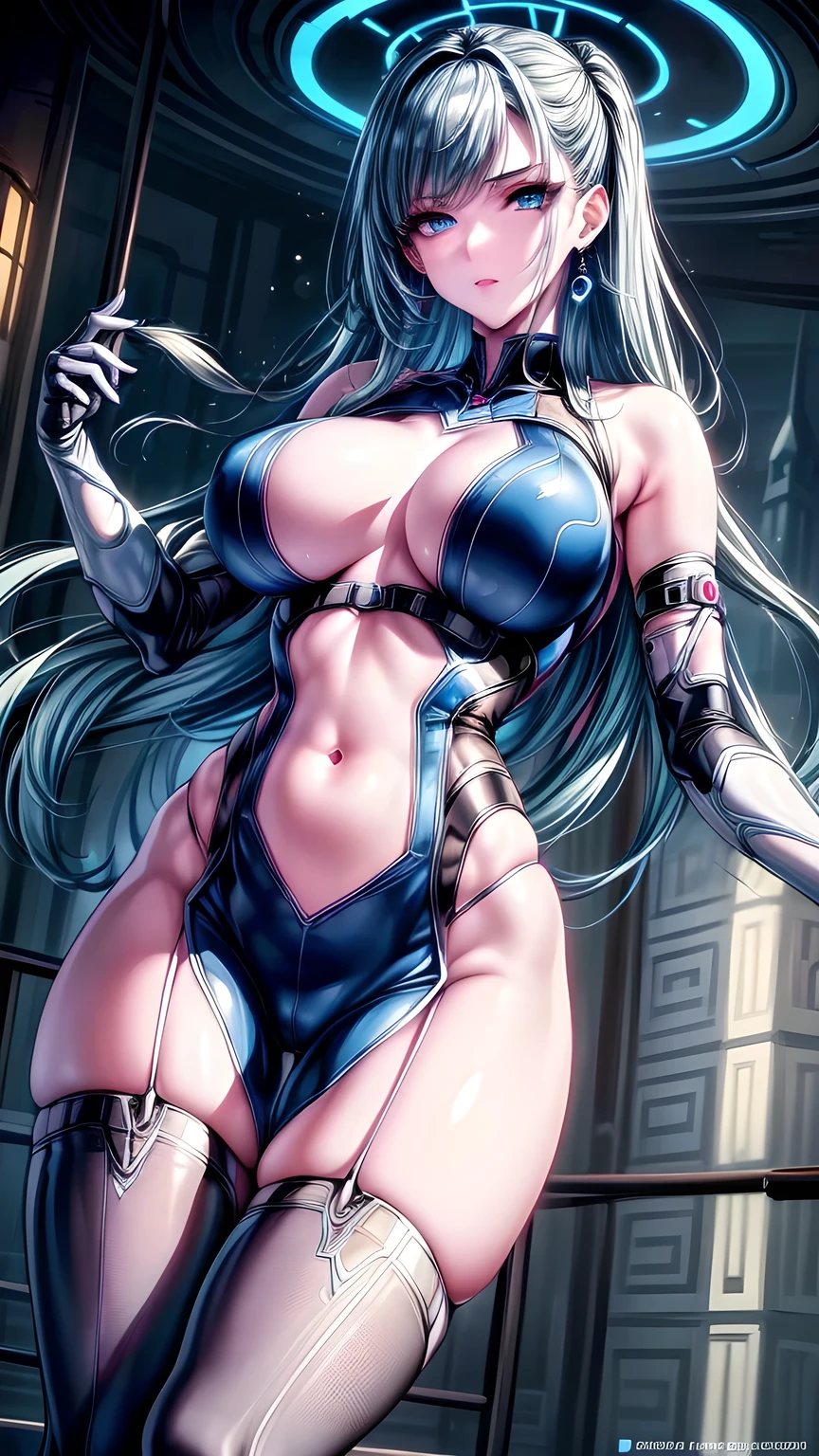 , Woman in futuristic suit, The face is rich in detail, Cool, Mother, Tomboy, Very large breasts, (), Mature face, (Mature female), Network Service, Anime girl in tights, Milk, Elegant body, navel focus, Naked body, Gloves, earrings, Science fiction, Actress, permanent, Volumetric Light, Detailed lighting, Detailed texture, European Cyberpunk, The Opai of Biomechanics, masterpiece, The best eyes, Sci-fi background, Future Landscape, Low Angle, Smooth surface, (((Grab your breasts))), National Foundation