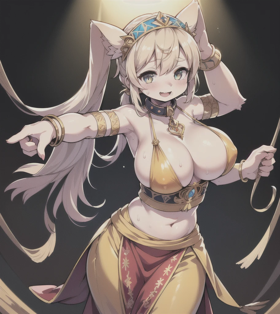 Highest quality, 8k, (One Girl:1.3, Full body portrait),(((Big Breasts:1.1))), (Colorful illustration:1.4), (masterpiece, Highest quality, Official Art), ((Very delicate and beautiful)), ((Gorgeous dancing girl costume、Gold embroidery, Face Veil, See-through harem pants)), ((Smiling dancing girl)), ((Spotlight, Confetti)), (((Fantasy World, Male crowd in the background:1.3, Watching the dancers))), (Sweat flying), (Sexy and dynamic dance), Tavern, (Shining jewels on the waist and chest, bracelet, Decorative collar), ((Twin tails))